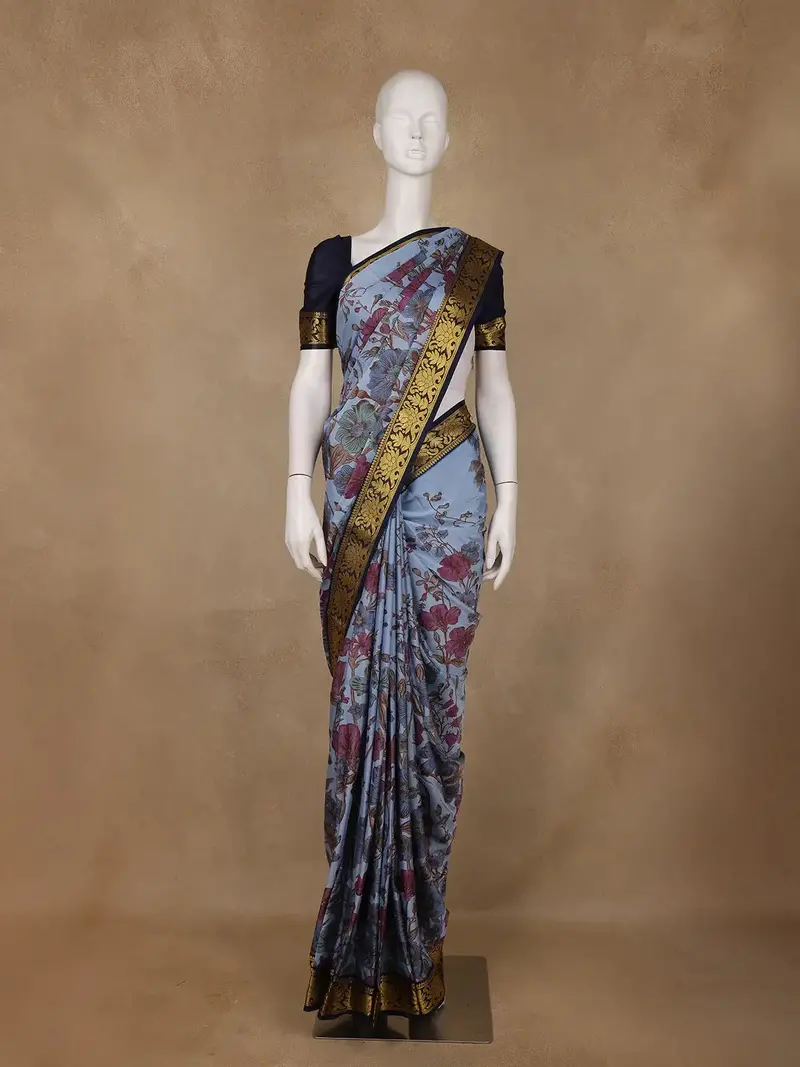 Light Blue Floral Designed Semi Tussar Saree 1