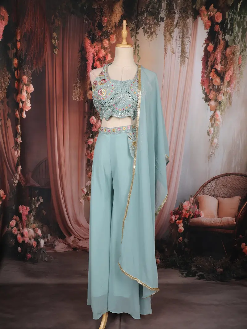 Light Blue Floral Embellished Design Georgette Indo Western Palazzo Suit With Dupatta 1