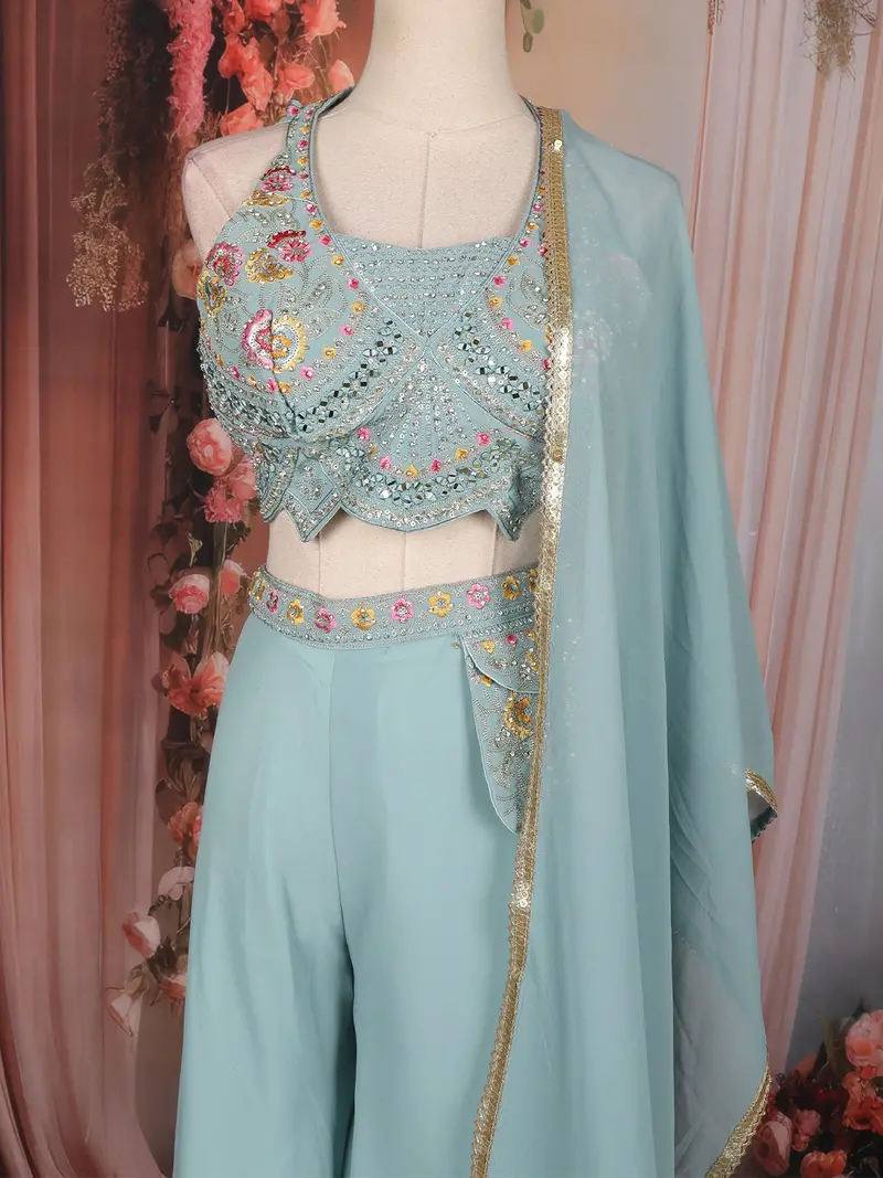 Light Blue Floral Embellished Design Georgette Indo Western Palazzo Suit With Dupatta 2