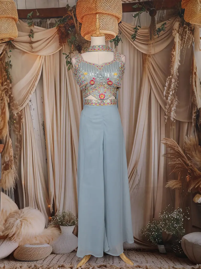 Light Blue Floral Embroidered Design Chiffon Palazzo Suit 1