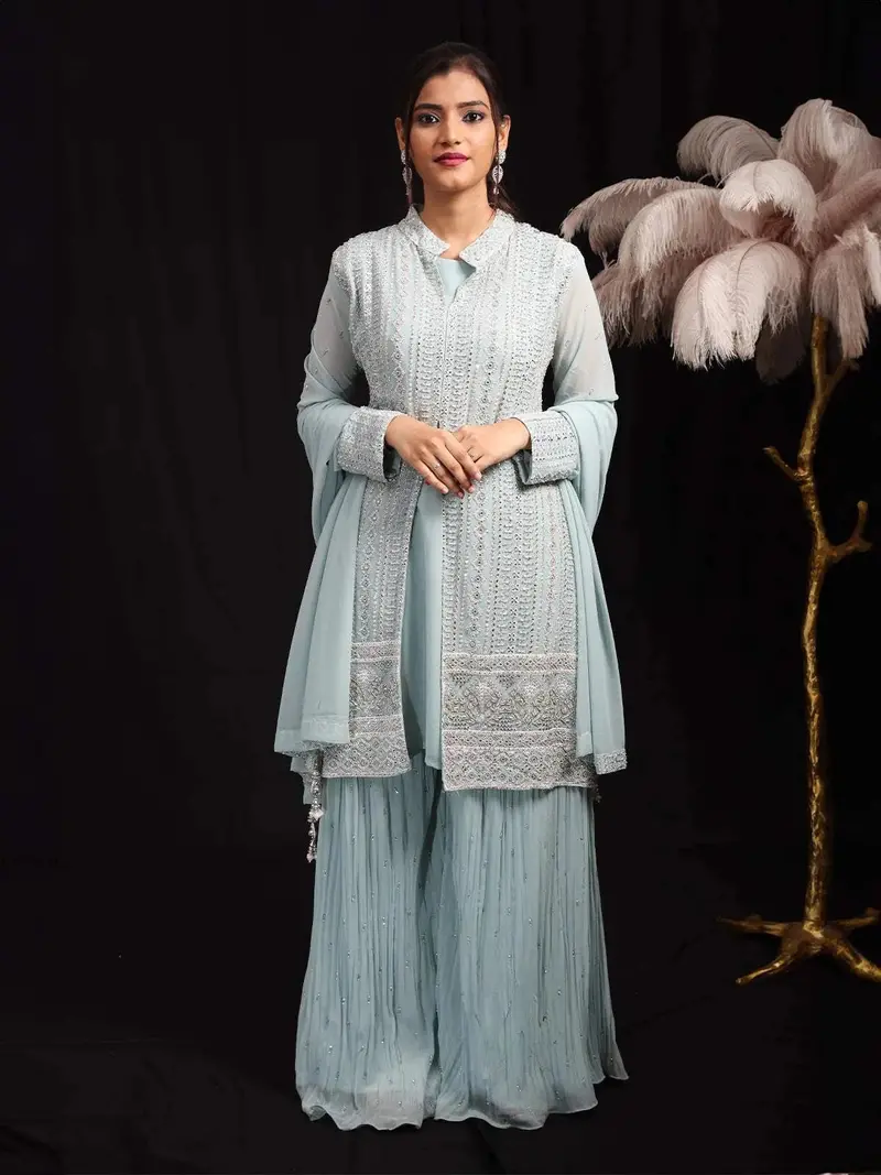 Light Blue Floral Embroidered Georgette Palazzo Salwar Suit 1