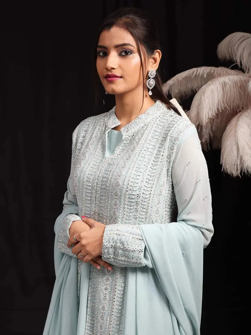 Light Blue Floral Embroidered Georgette Palazzo Salwar Suit 2