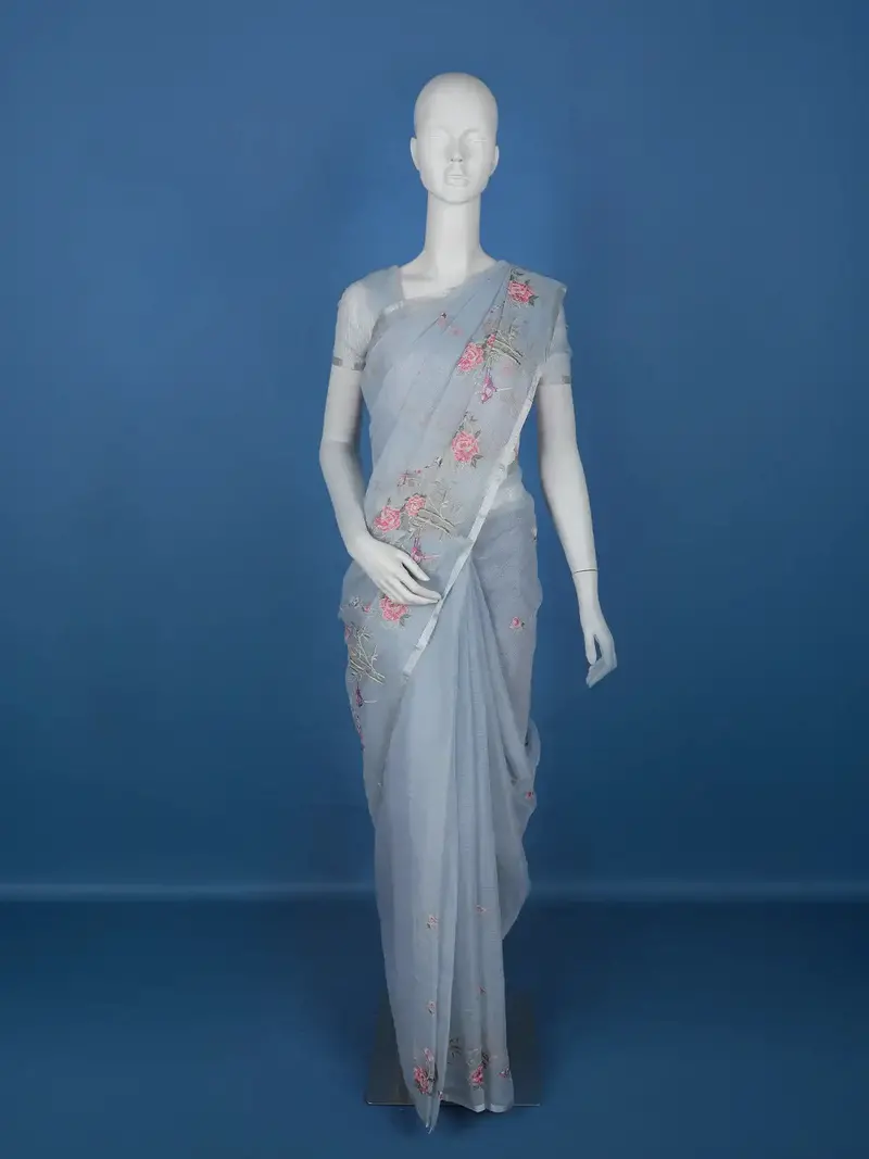 Light Blue Floral Embroidered Kota Cotton Saree 1