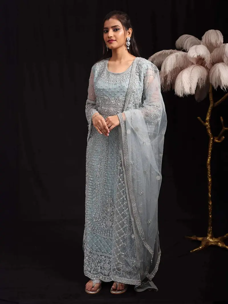 Light Blue Floral Embroidered Net Salwar Suit 1