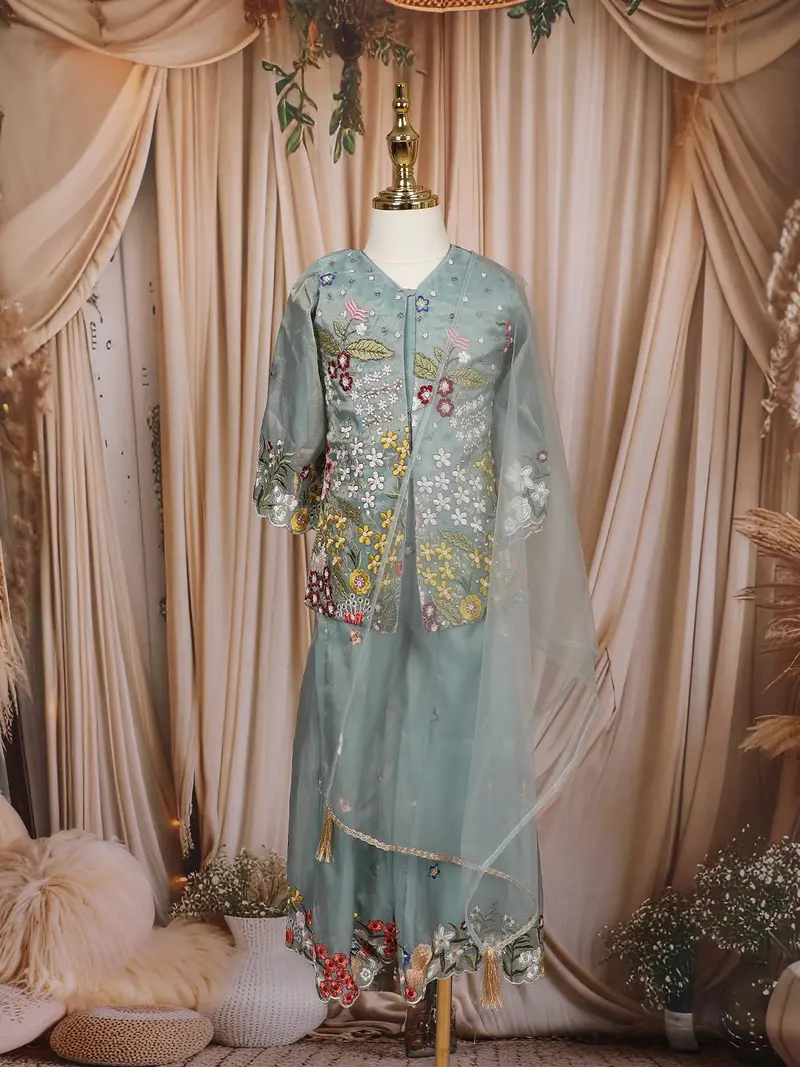 Light Blue Floral Embroidered Tissue Silk Kids Palazzo Suit 1