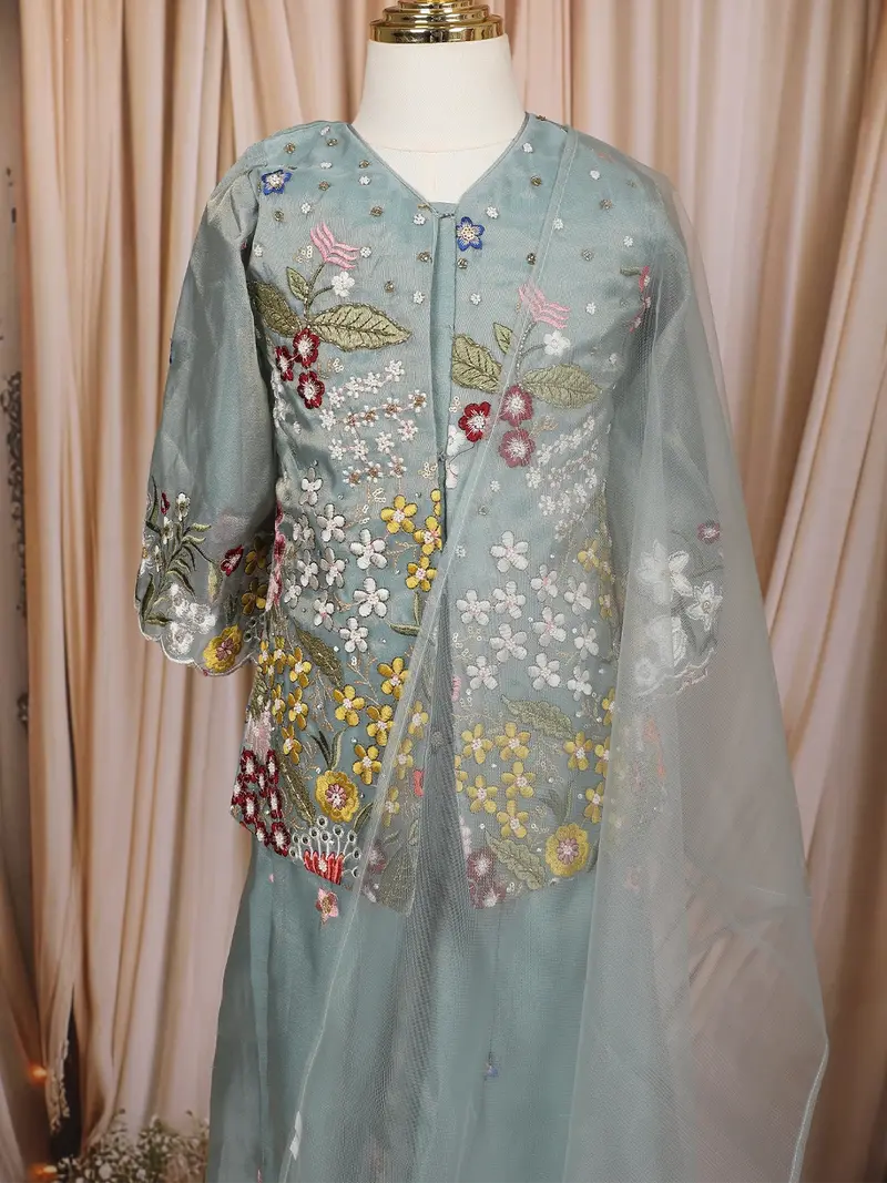 Light Blue Floral Embroidered Tissue Silk Kids Palazzo Suit 2