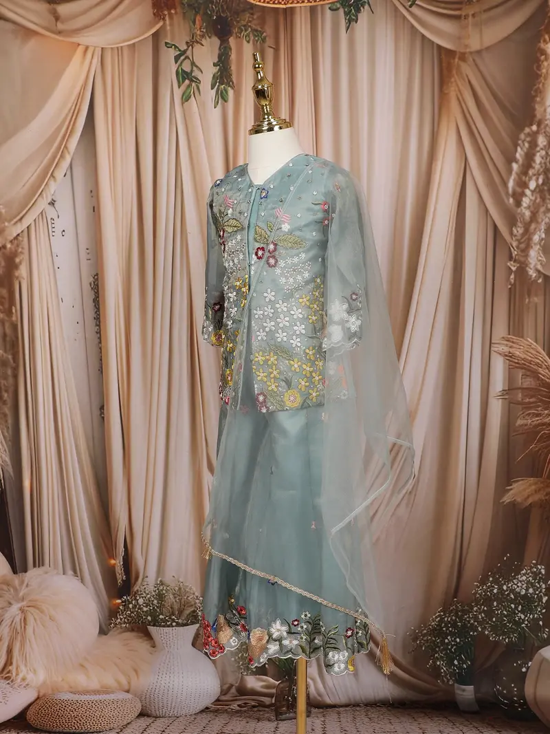 Light Blue Floral Embroidered Tissue Silk Kids Palazzo Suit 3