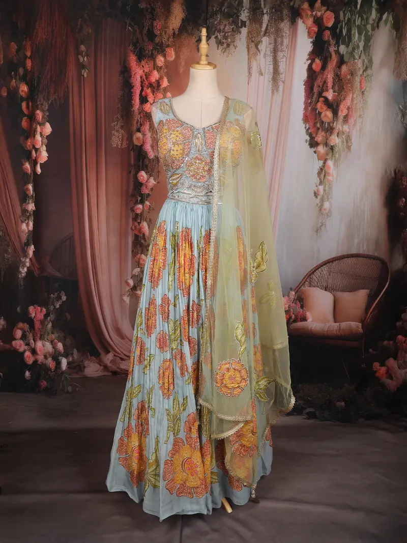 Light Blue Floral Print And Thread Embroidered Design Organza Lehenga 1