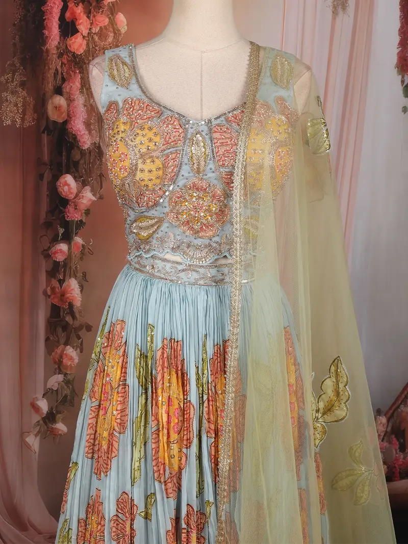 Light Blue Floral Print And Thread Embroidered Design Organza Lehenga 2
