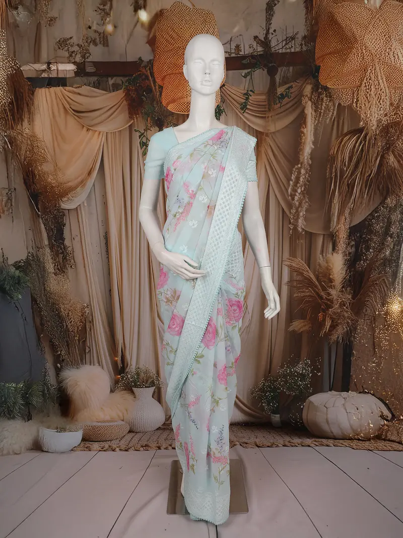 Light Blue Floral Printed Chiffon Saree With Thread Embroidered Border 1