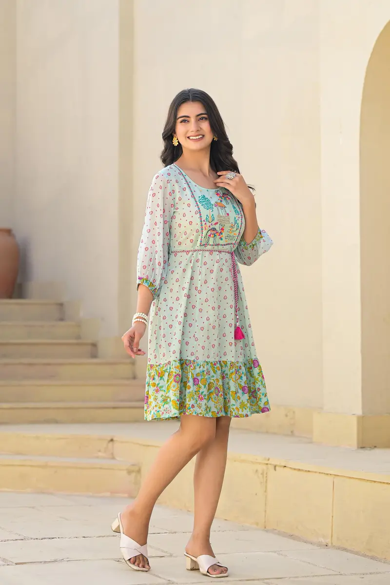 Light Blue Floral Printed Cotton Kurti Top 1