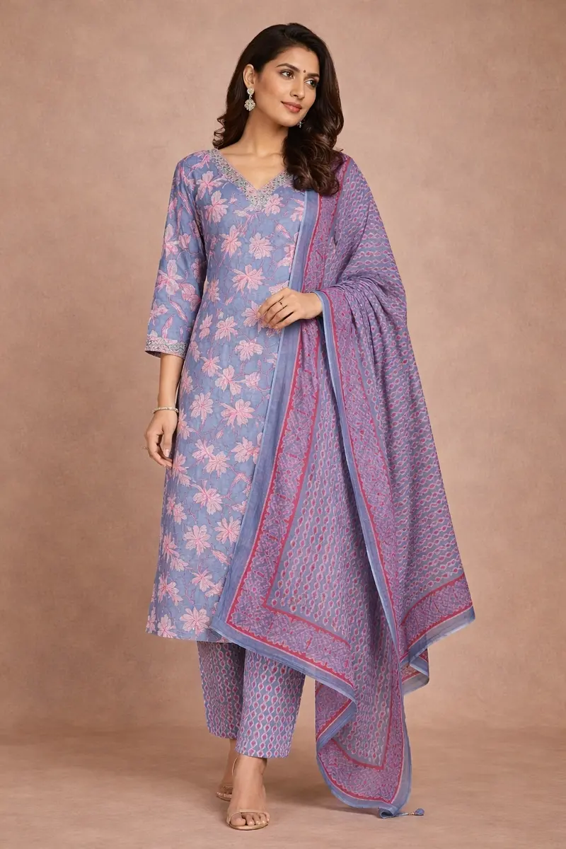 Light Blue Floral Printed Cotton Salwar Suit 1
