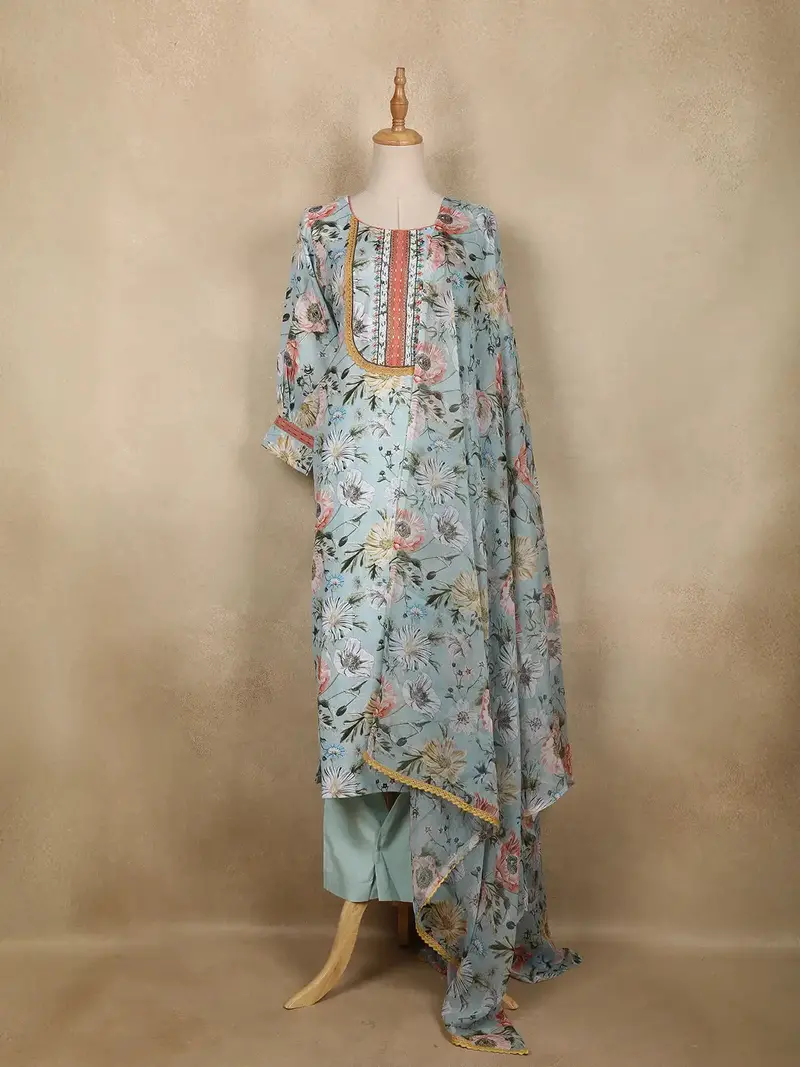 Light Blue Floral Printed Cotton Salwar Suit 1