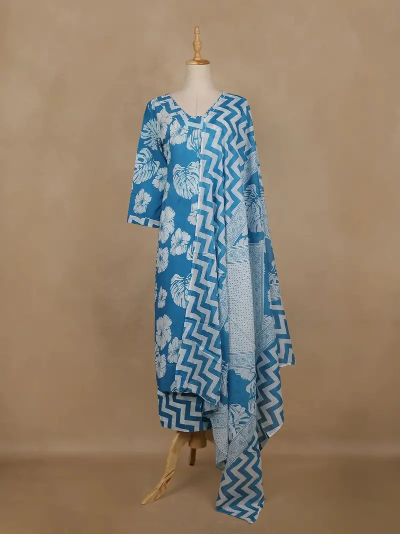 Light Blue Floral Printed Cotton Salwar Suit With Dupatta 1