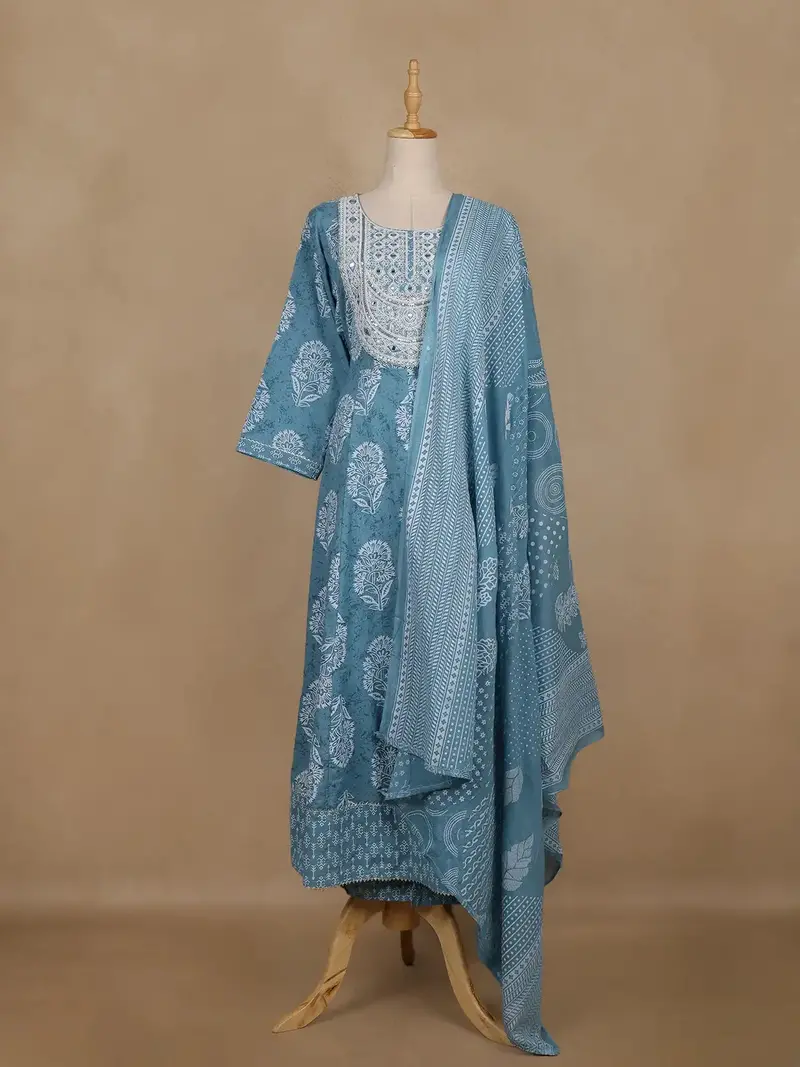 Light Blue Floral Printed Cotton Salwar Suit With Dupatta 1