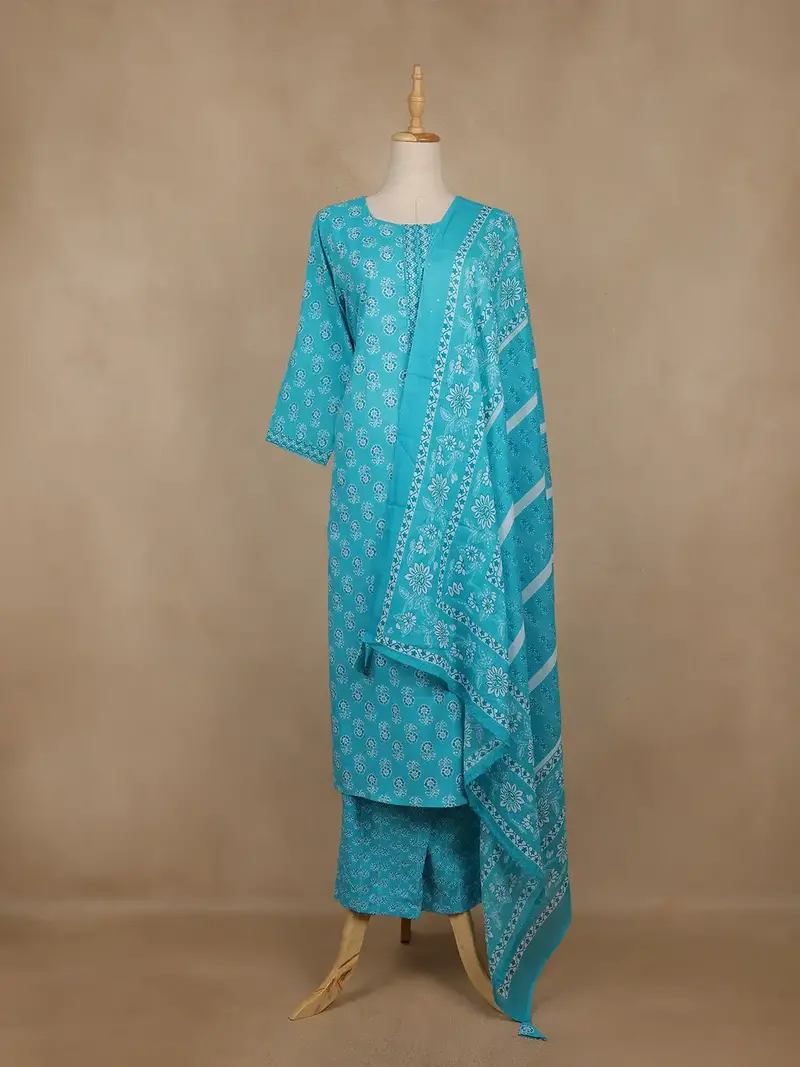 Light Blue Floral Printed Cotton Salwar Suit With Dupatta 1