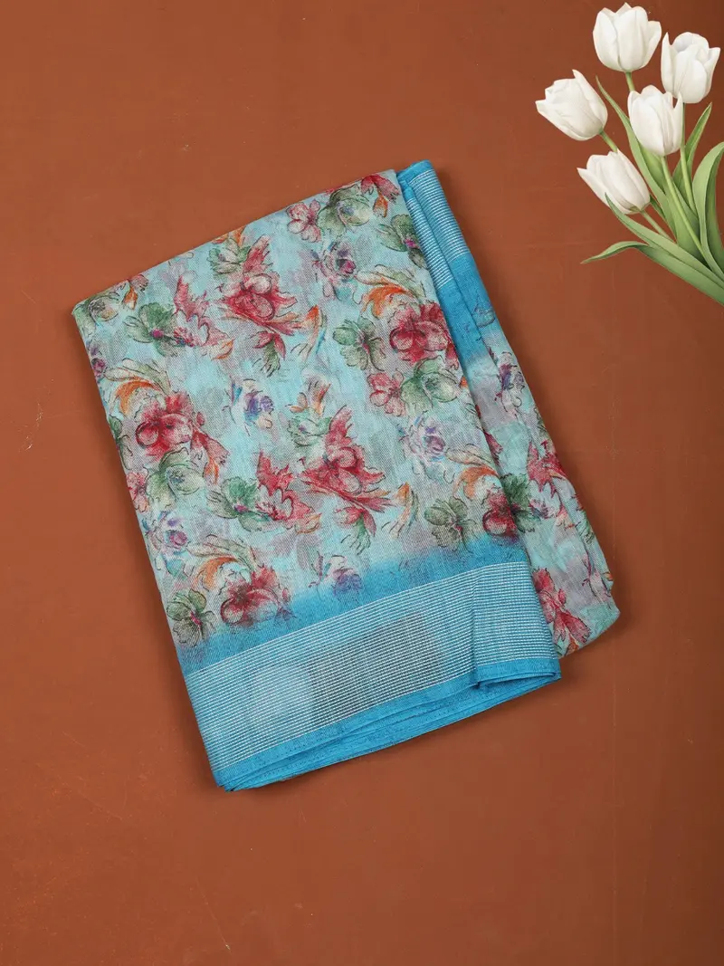Light Blue Floral Printed Design Chiffon Casual Saree With Striped Border 1