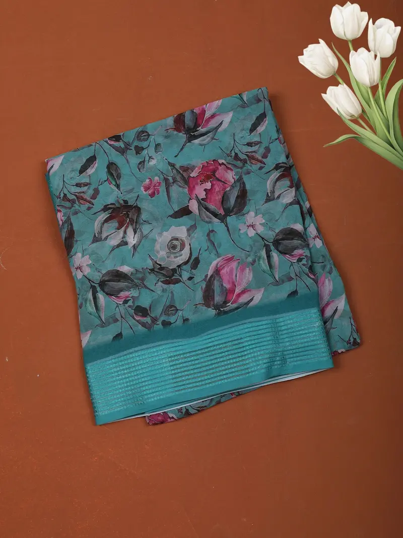 Light Blue Floral Printed Design Chiffon Casual Saree With Striped Border 1