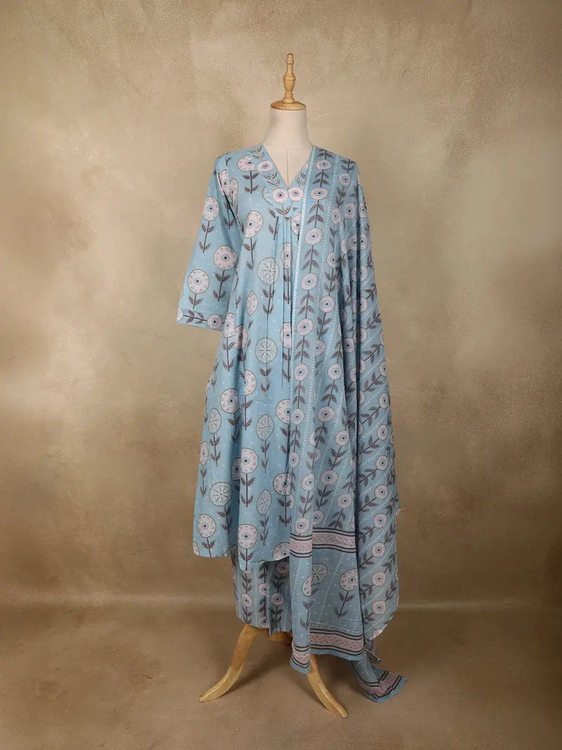 Light Blue Floral Printed Design Cotton Anarkali Salwar Suit With Dupatta 1