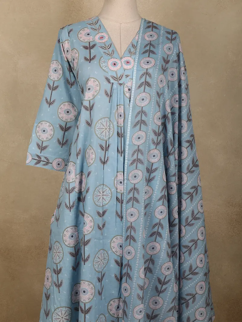 Light Blue Floral Printed Design Cotton Anarkali Salwar Suit With Dupatta 2