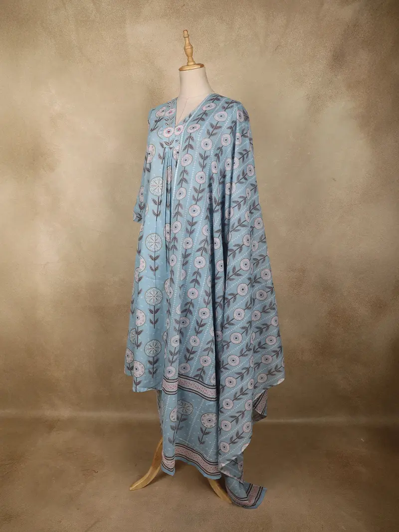Light Blue Floral Printed Design Cotton Anarkali Salwar Suit With Dupatta 3
