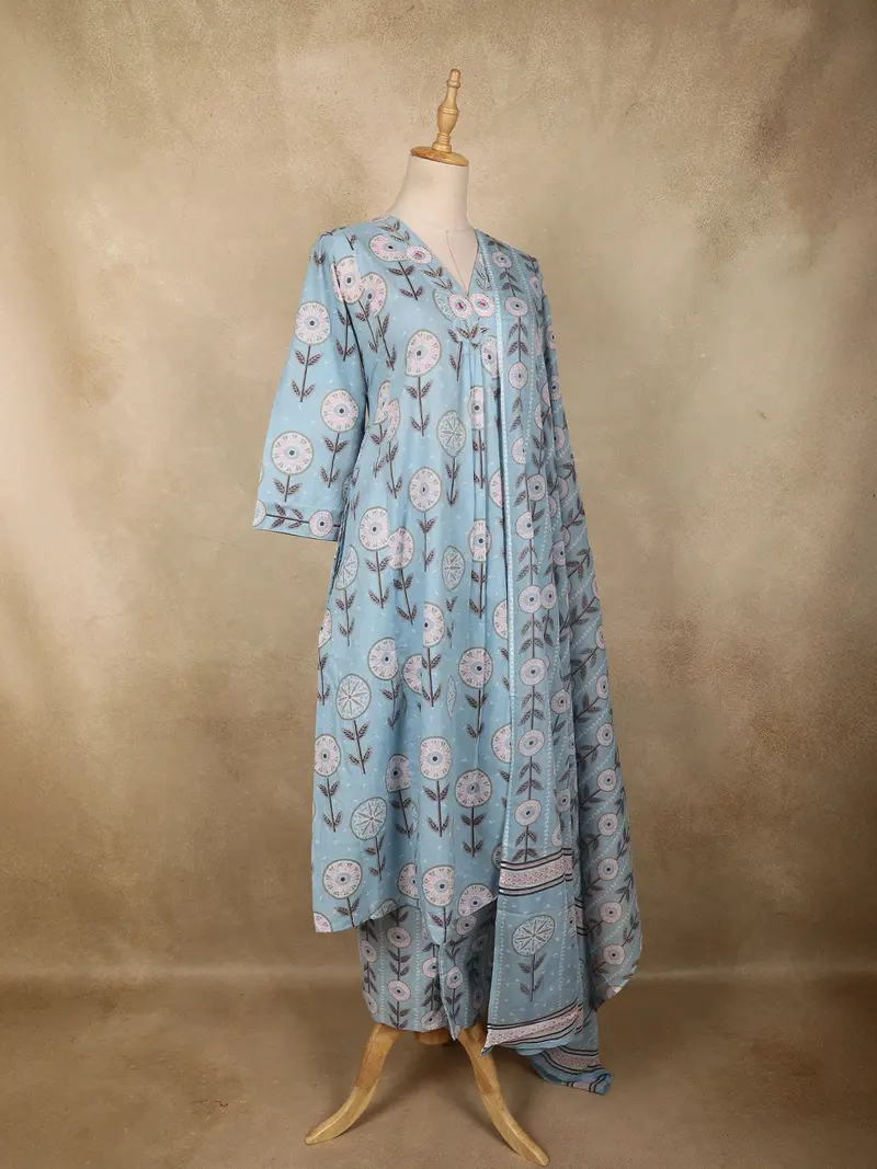 Light Blue Floral Printed Design Cotton Anarkali Salwar Suit With Dupatta 4