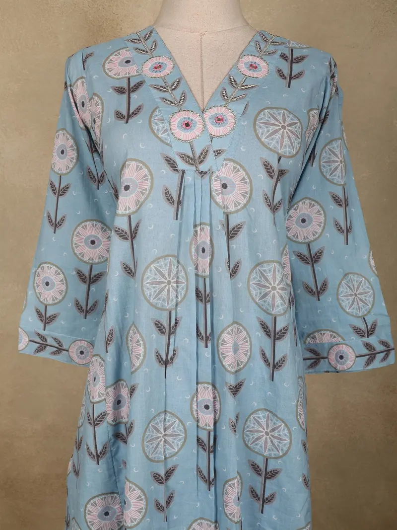 Light Blue Floral Printed Design Cotton Anarkali Salwar Suit With Dupatta 5