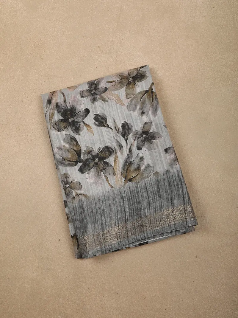 Light Blue Floral Printed Design Crepe Saree With Zari Border 1