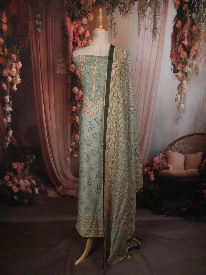 Light Blue Floral Printed Design Tussar Silk Unstitched Salwar Material With Dupatta 1