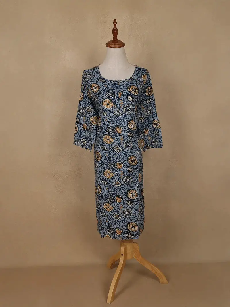 Light Blue Floral Printed Rayon Kurti 1