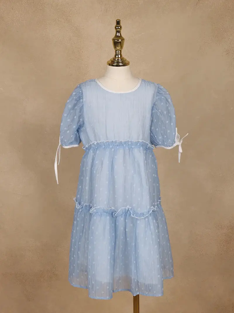 Light Blue Floral Printed Sheer Layered Gown For Girls 1