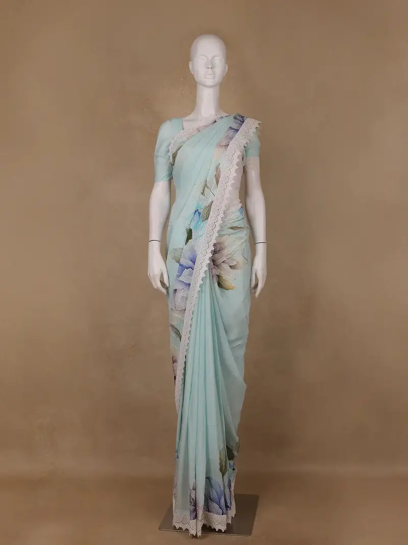 Light Blue Floral Printed Synthetic Saree 1