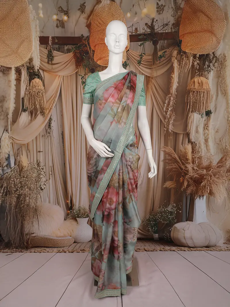Light Blue Floral Printed Tissue Organza Saree With Sequins Embroidered Border 1