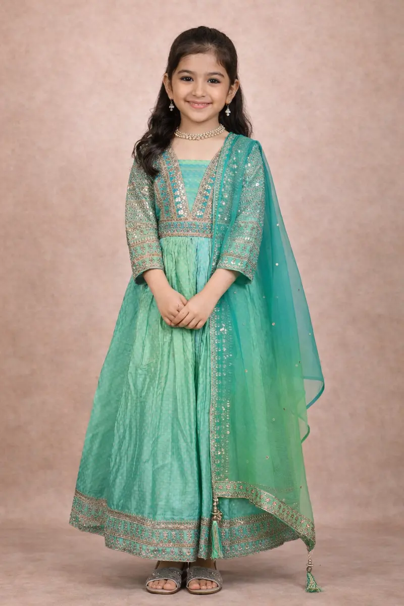 Light Blue Floral Sequins Embroidered Silk Kids Lehenga With Dupatta 1