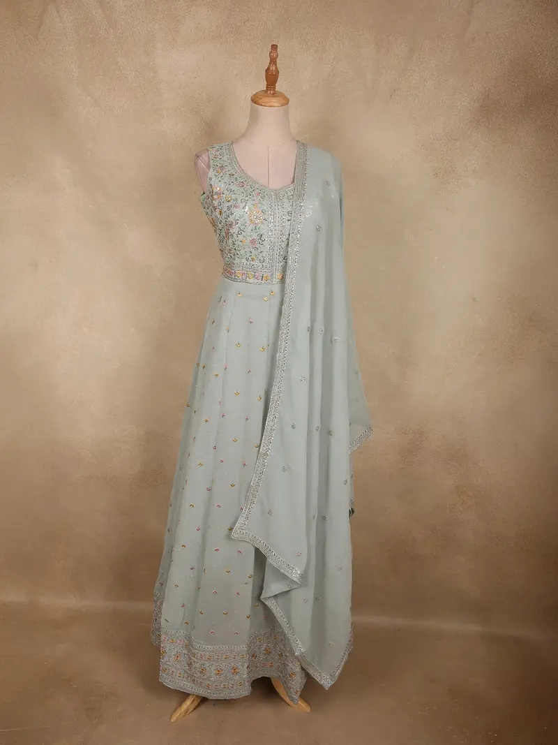 Light Blue Floral Thread And Sequins Embroidered Design Georgette Gown With Dupatta 1