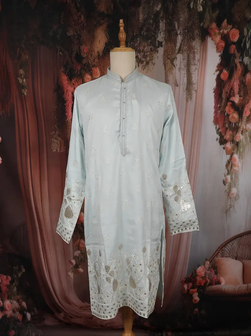 Light Blue Floral Thread Embroidered Design Cotton Men's Kurta 1
