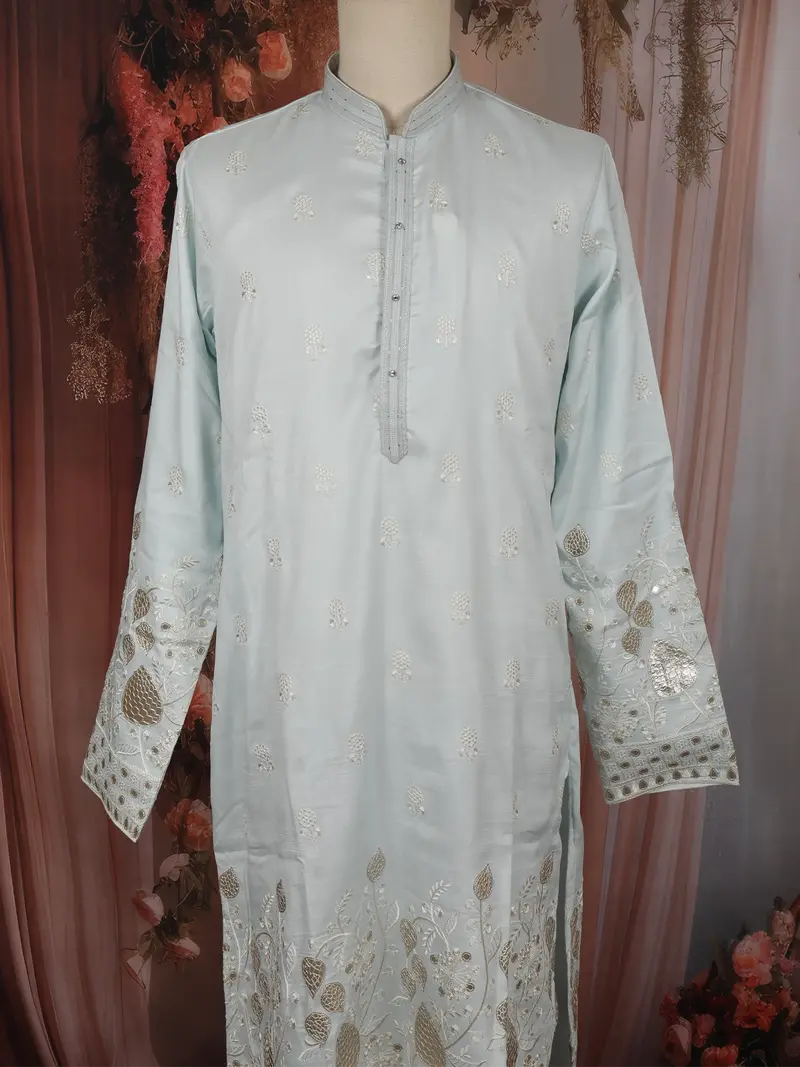 Light Blue Floral Thread Embroidered Design Cotton Men's Kurta 2