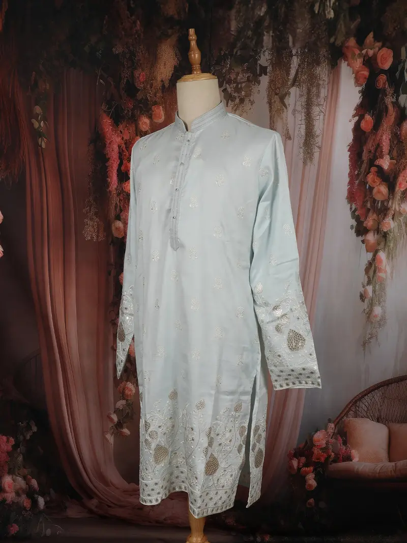 Light Blue Floral Thread Embroidered Design Cotton Men's Kurta 3