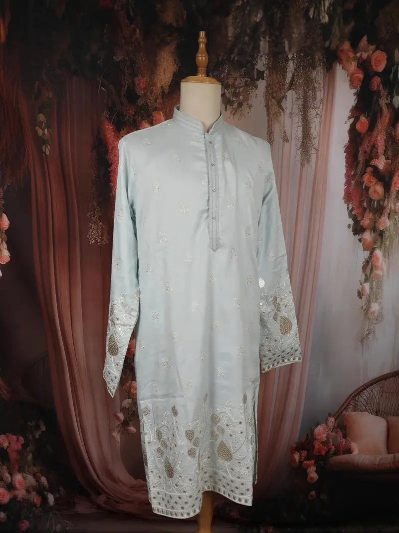 Light Blue Floral Thread Embroidered Design Cotton Men's Kurta 4
