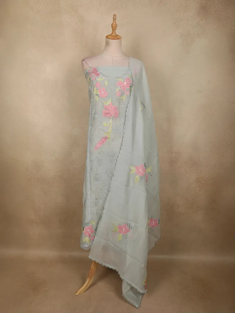 Light Blue Floral Thread Embroidered Design Cotton Unstitched Salwar Material With Dupatta 1