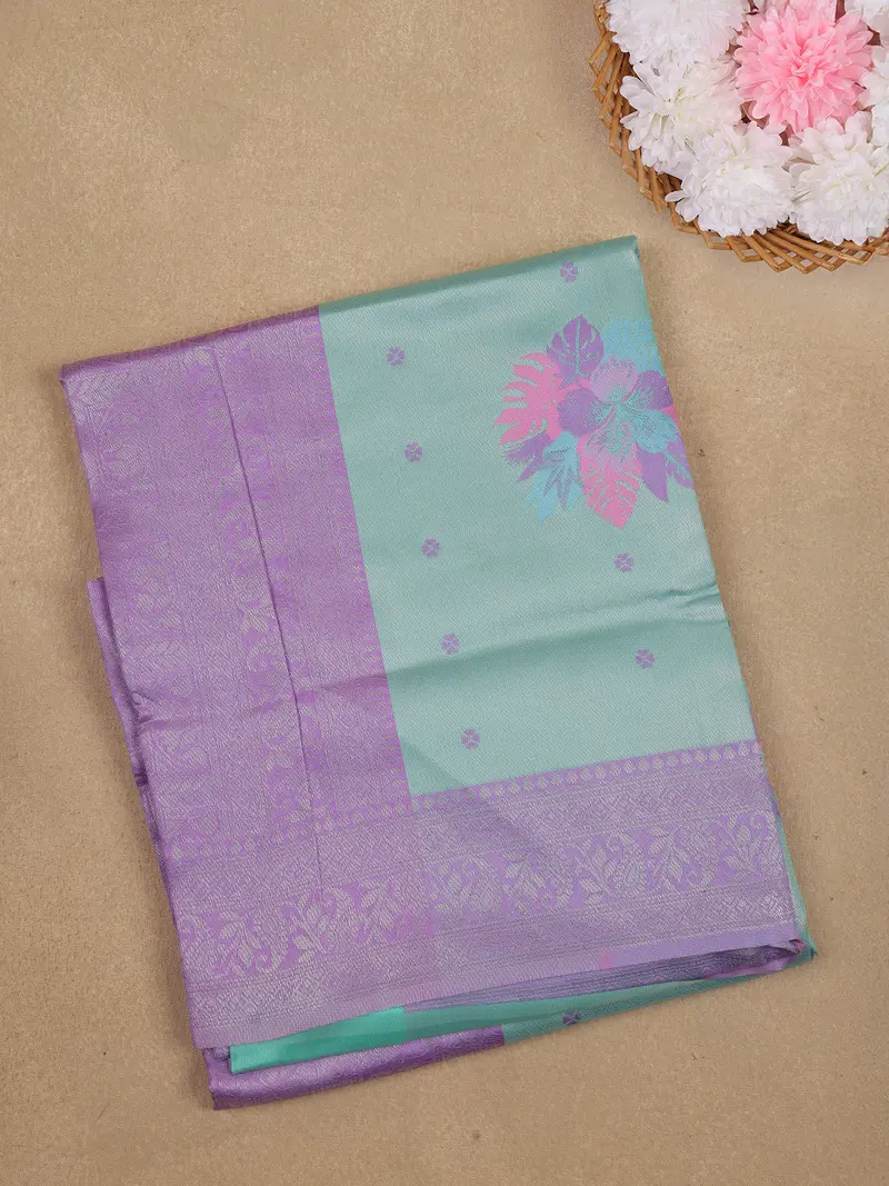 Light Blue Floral Woven Art Silk Saree With Contrast Lilac Zari Border 1