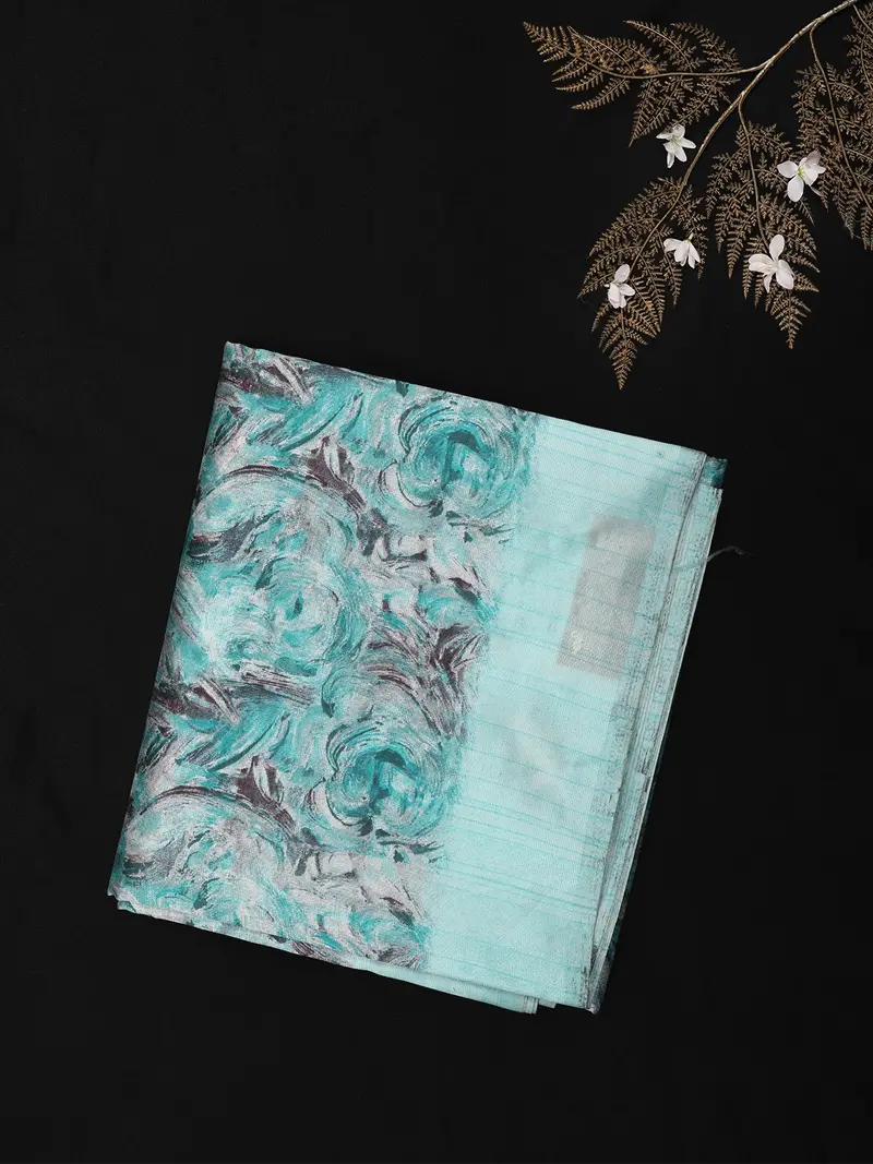 Light Blue Floral Woven Design Blended Cotton Saree 1