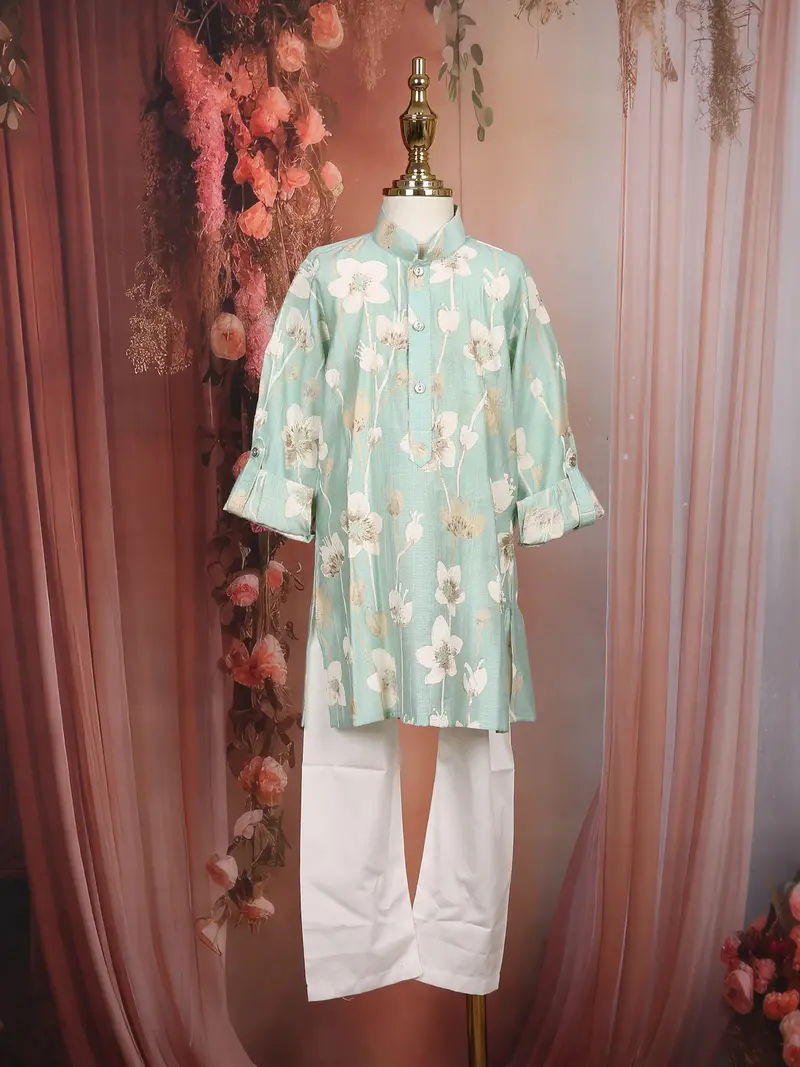 Light Blue Floral Woven Design Cotton Kids Kurta Set 1