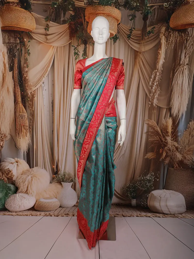 Light Blue Floral Woven Pure Kanchipuram Silk Saree With Zari Border 1