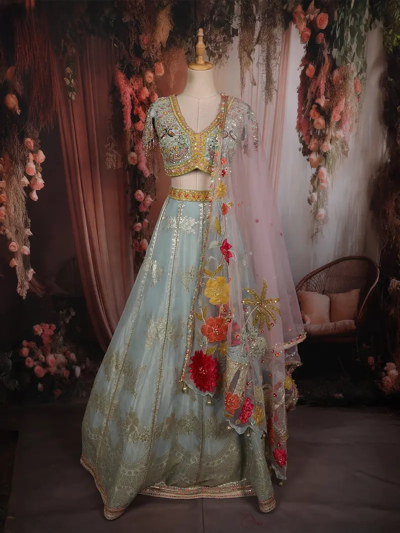 Light Blue Floral Zari And Beads Embroidered Design Tissue Silk Lehenga With Designer Dupatta 1