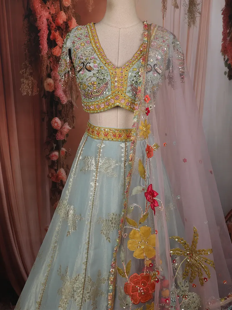 Light Blue Floral Zari And Beads Embroidered Design Tissue Silk Lehenga With Designer Dupatta 2