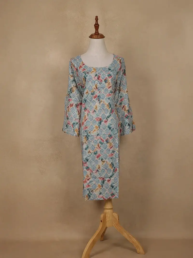 Light Blue Geometric Floral Printed Rayon Kurti 1