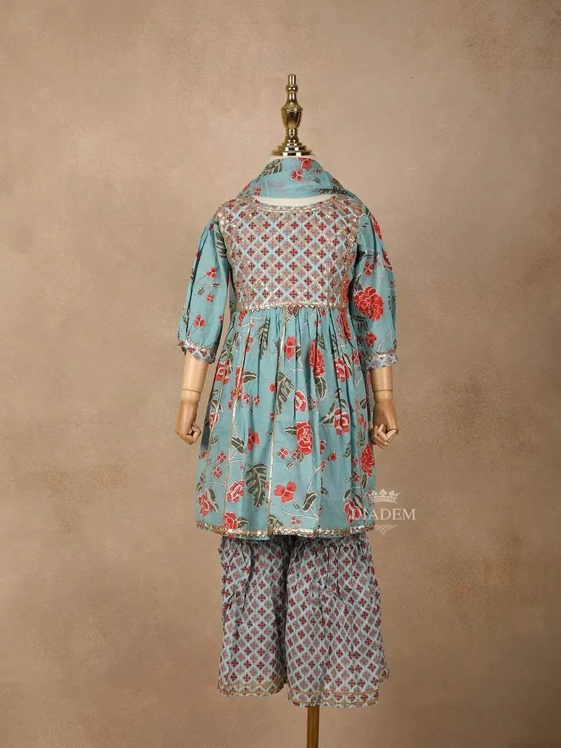 Light Blue Georgette Sharara Suit With Floral Print, Paired With Dupatta 1