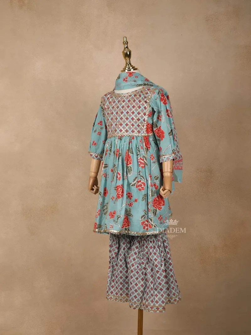Light Blue Georgette Sharara Suit With Floral Print, Paired With Dupatta 3