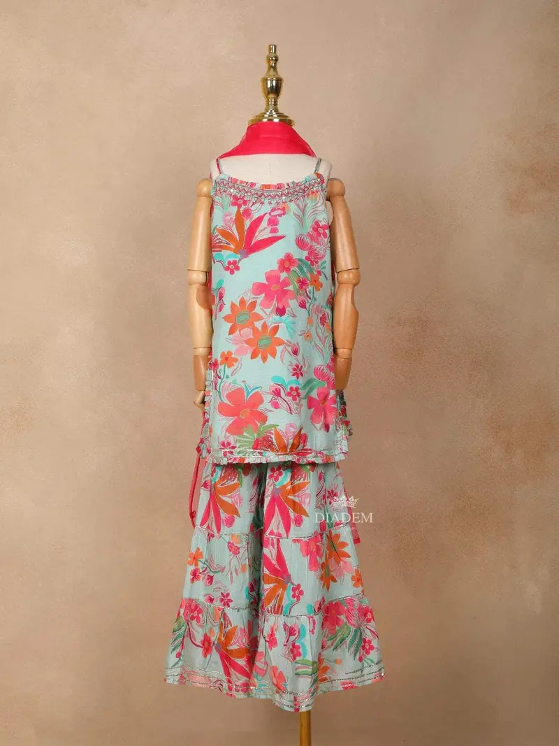Light Blue Georgette Sharara Suit With Floral Prints, Paired With Dupatta 1